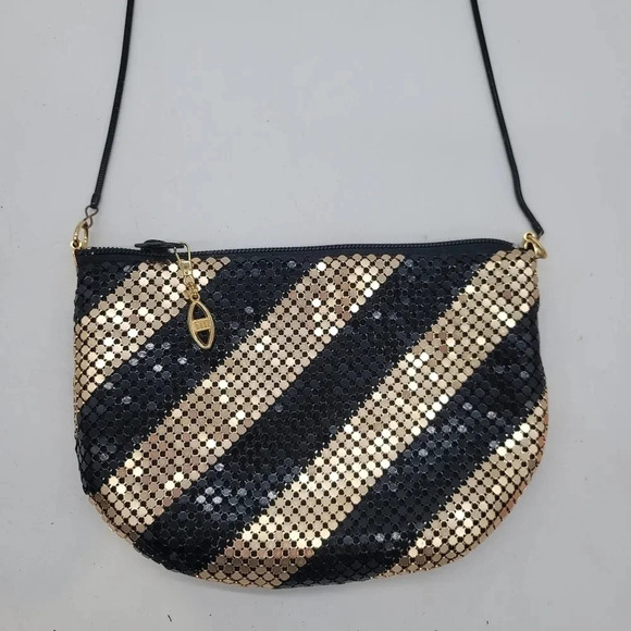 Vintage Beadlite Metal Mesh Chain Shoulder Bag Purse Black Gold Modern Small - Picture 5 of 10